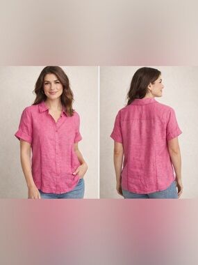Coldwater Creek Pink Linen Button-Up Shirt Women Size M Lightweight Summer Top